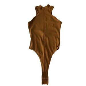 Sleeveless Brown Ribbed Bodysuit M With Zipper Front & High Neck